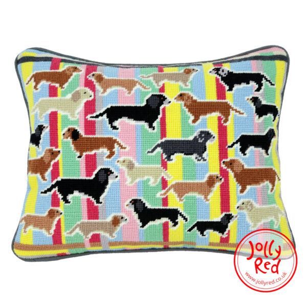 Needlepoint tapestry with dachshunds and rainbow stripes, tapestry kit for dog lovers.