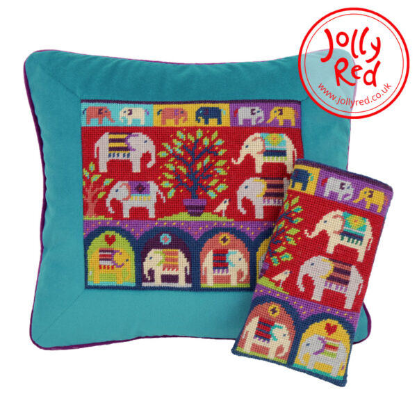 Tapestry kit featuring indian elephants by Jolly Red, also pictured alongside the specs case version