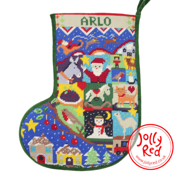 Needlepoint tapestry Christmas stocking with Santa, snowman and a donkey